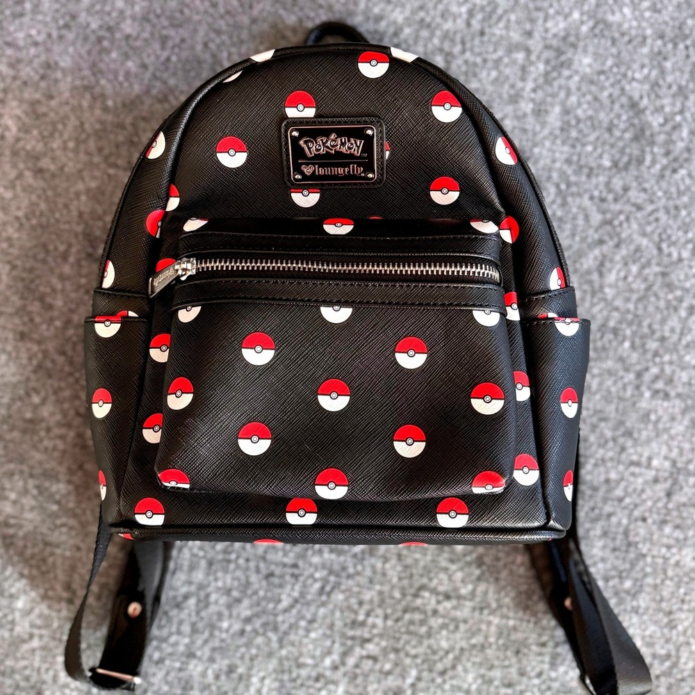 Loungefly Pokemon Mini Backpack Black Pokeball Print Faux Vegan Leather Bag